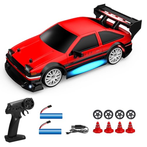 Dodoore Ferngesteuertes Auto 30+km/h 1/24 RC-Drift-Auto 4WD Hohe Geschwindigkeit Rennauto 50+Min. Spielzeit Coole LED-Leuchten Auswechselbare Reifen Wiederaufladbar Kindergeschenk 2 Batterien Rot von Dodoore