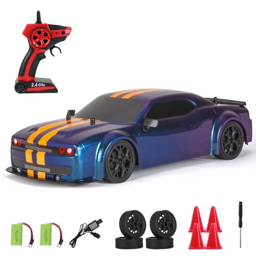 Dodoore Ferngesteuertes Auto 30 km/h RC Auto Drift 1/14 4WD 2,4 GHz 40 Minuten Spaß Cooles Licht Austauschbare Reifen Wiederaufladbar Geschenkspielzeug für Kinder Erwachsene Blau 2 Batterien von Dodoore