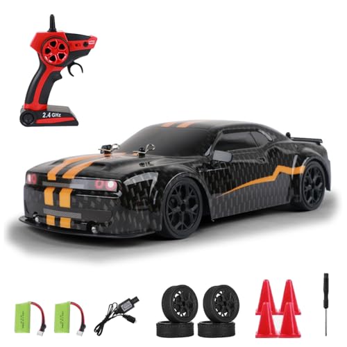 Dodoore Ferngesteuertes Auto 30 km/h RC Auto Drift 1/14 4WD 2,4 GHz 40 Minuten Spaß Cooles Licht Austauschbare Reifen Wiederaufladbar Geschenkspielzeug für Kinder Erwachsene Schwarz 2 Batterien von Dodoore