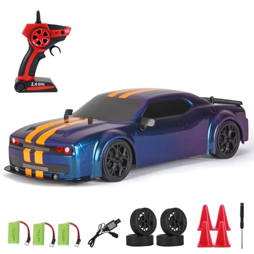 Dodoore Ferngesteuertes Auto 30 km/h RC Auto Drift 1/14 4WD 2,4 GHz 60 Minuten Spaß Cooles Licht Austauschbare Reifen Wiederaufladbar Geschenkspielzeug für Kinder Erwachsene Blau 3 Batterien von Dodoore