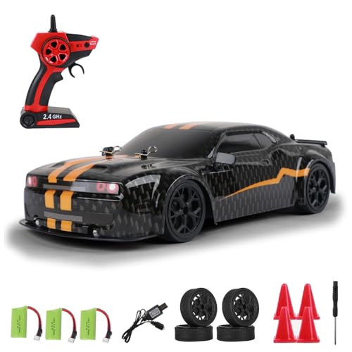 Dodoore Ferngesteuertes Auto 30 km/h RC Auto Drift 1/14 4WD 2,4 GHz 60 Minuten Spaß Cooles Licht Austauschbare Reifen Wiederaufladbar Geschenkspielzeug für Kinder Erwachsene Schwarz 3 Batterien von Dodoore