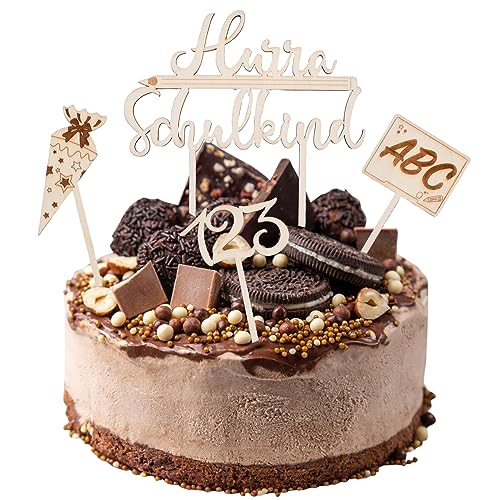 Dokeno Einschulung Tortendeko 4-teiliges Set, Holz Cupcake Topper, Schulanfang Kuchendeko, Junge Mädchen Schulkind Zuckertüte Cake Topper ABC 123 Cupcake Torte Deko, Kuchendeko Schulanfang von Dokeno