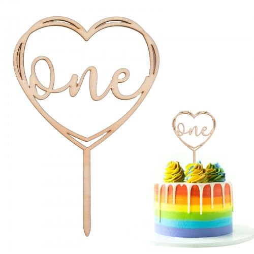 DokenoKuchendeko Torten Topper, Cake Topper, Holz Tortendeko 1. Geburtstag, Umweltfreundlich, Wiederverwendbar, Tortenstecker Geburtstag, Kuchendeko Geburtstag One für Partytreffen, Jahrestag (Herz) von Dokeno