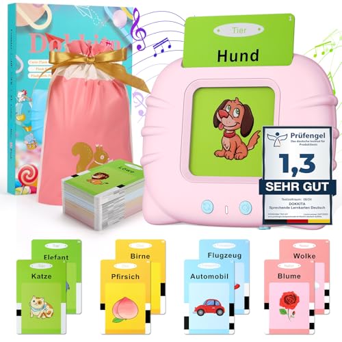 Dokkita Sprechende Lernkarten Deutsch, Flash Karten Kinder Deutsch, Standard Deutsch-112 Blätter 224 Wörter, Lernkarten zur Sprachförderung, Vorschule Geschenk Spielzeug für Mädchen Jungen-Rosa von Dokkita