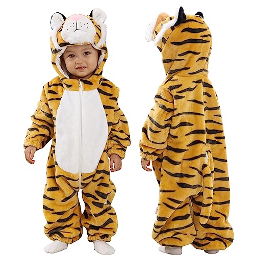 Doladola Baby Strampler mit Kapuze Unisex baby kostüm Cartoon Tier Overall Schlafanzüge (18-24 Monate, Tiger) von Doladola