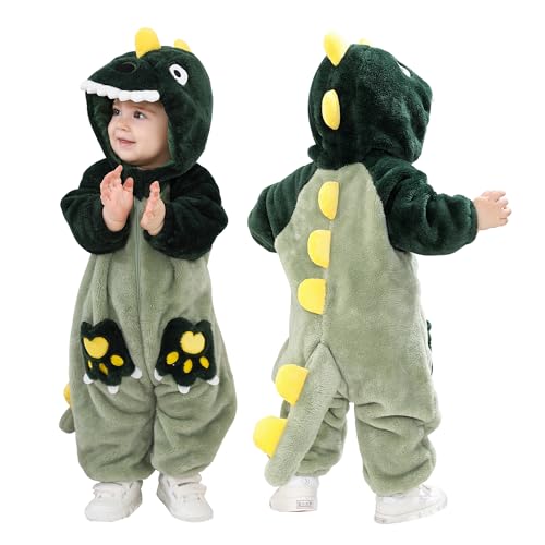 Doladola Babyspielanzug Tier overall Spielanzug Schlafanzug Flanell Frühling Strampler Pyjama Bekleidung Karikatur Tier Jumpsuit für Baby mädchen und Junge(Grüner Dinosaurier,Alter 0-3 Monate) von Doladola