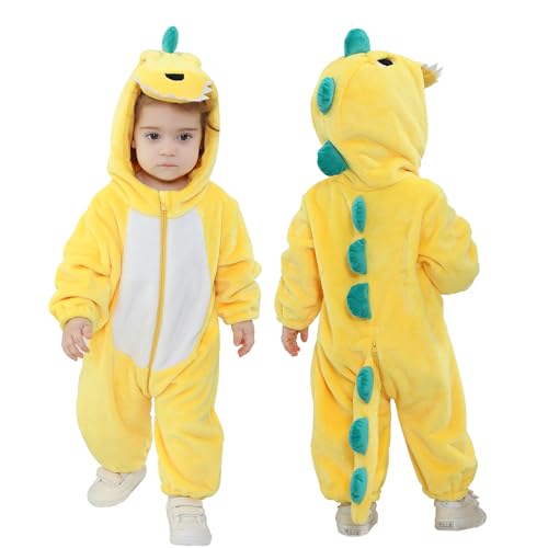 Doladola kostüme für baby mit Kapuze, Mädchen Jungen Flanell Overall, tier kostüm kinder (Gelber Dinosaurier, 12-18 Monate) von Doladola