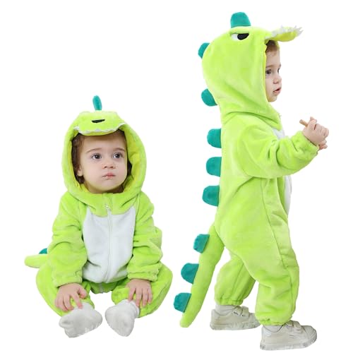 Doladola kostüme für baby mit Kapuze, Mädchen Jungen Flanell Overall, tier kostüm kinder (Grüner Dinosaurier, 12-18 Monate) von Doladola