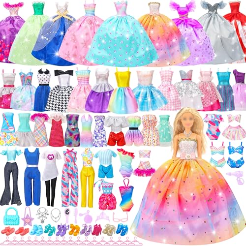 52-teiliges Puppenkleidungsset für 29,2 cm große Puppe und Barbie: 2 Hochzeitskleider, 6 modische Kleider, 2 lässige Outfits, 2 Badeanzüge, 10 Paar Schuhe, 20 Mode-Accessoires und 20 Kleiderbügel von Doll Style Studio