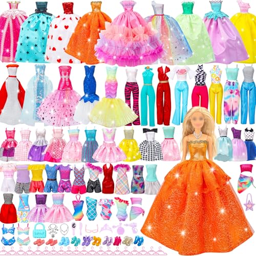 56-teiliges Puppenkleidungs-Geschenkset für 29,2 cm große Puppe und Barbie: 2 Hochzeitskleider, 2 Abendkleider, 6 Modekleider, 4 lässige Outfits, 2 Badeanzüge, 10 Mode-Accessoires, 10 Paar Schuhe, 20 von Doll Style Studio