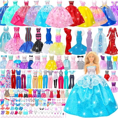 70-teiliges Puppenkleidungsset für 29,2 cm große Puppe und Barbie: 4 Hochzeitskleider, 2 Abendkleider, 8 Modekleider, 6 lässige Outfits, 2 Badeanzüge, 10 Paar Schuhe, 20 Modeaccessoires, 18 von Doll Style Studio