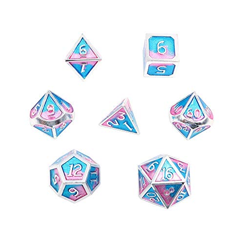 DollaTek 7PCS DND Spiel Polyedrisches D & D-Würfel-Set aus massivem Metall mit Aufbewahrungstasche und Zinklegierung mit Emaille für Rollenspiel-Dungeons und Drachen (Double Color Mix Blau und Pink) von DollaTek