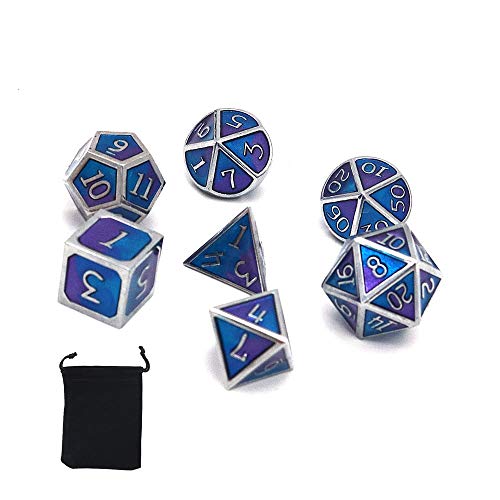 DollaTek 7PCS DND Spiel Polyedrisches D & D-Würfel-Set aus massivem Metall mit Aufbewahrungstasche und Zinklegierung mit Emaille für Rollenspiel-Dungeons und Drachen (Double Color Mix Blau und Lila) von DollaTek