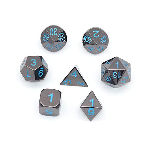 DollaTek 7PCS DND Spiel Polyedrisches D & D-Würfel-Set aus massivem Metall mit Aufbewahrungstasche und Zinklegierung mit Emaille für Rollenspiel-Dungeons und Drachen (Schwarze nickelblaue Backfarbe) von DollaTek