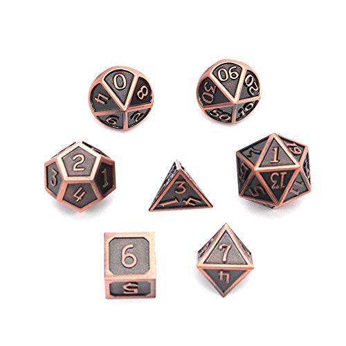 DollaTek 7PCS DND Spiel Polyedrisches D & D-Würfel-Set aus massivem Metall mit Aufbewahrungstasche und Zinklegierung mit Emaille für Rollenspiel-Dungeons und Drachen (plattiertes Kupferrot) von DollaTek