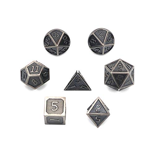 DollaTek 7PCS DND Spiel Polyedrisches D & D-Würfel-Set aus massivem Metall mit Aufbewahrungstasche und Zinklegierung mit Emaille für Rollenspiel-Dungeons und Drachen (plattiertes Silber) von DollaTek