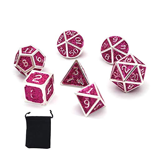 DollaTek 7PCS Polyedrisches Metallwürfelset mit schwarzer Aufbewahrungstasche für Rollenspiel-Dungeons und Drachen D & D Math Teaching (Shiny Rose Red) von DollaTek