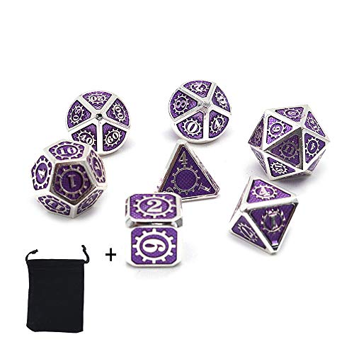 DollaTek 7PCS Polyedrisches Metallwürfelset mit schwarzer Aufbewahrungstasche für Rollenspiele Dungeons and Dragons D & D Math Teaching (Ausrüstung Silber und Lila) von DollaTek