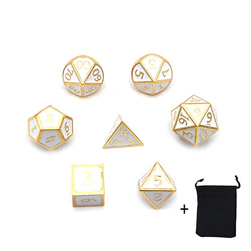 DollaTek 7PCS Polyedrisches Metallwürfelset mit schwarzer Aufbewahrungstasche für Rollenspiele Dungeons and Dragons D & D Math Teaching (Weiß) von DollaTek