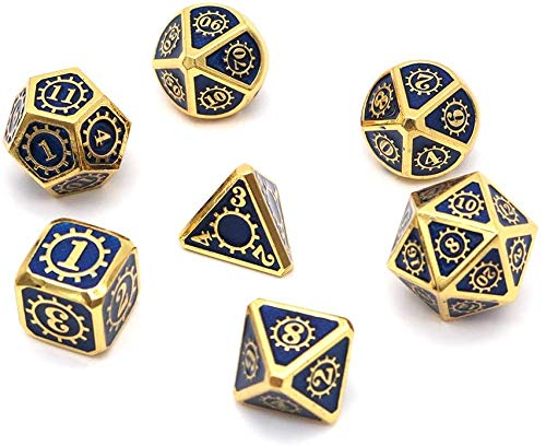 DollaTek 7PCS Polyedrisches Metallwürfelset mit schwarzer Aufbewahrungstasche für Rollenspiele Dungeons and Dragons D & D-Mathematikunterricht (Ausrüstung Gold und Blau) von DollaTek