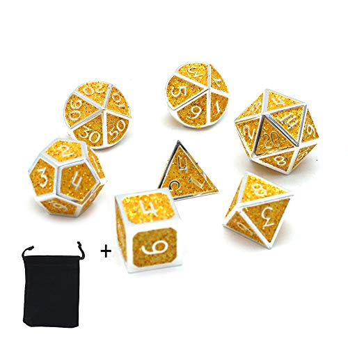 DollaTek 7PCS Polyedrisches Metallwürfelset mit schwarzer Aufbewahrungstasche für Rollenspiele Dungeons and Dragons D & D Mathematikunterricht (Leuchtend gelb) von DollaTek