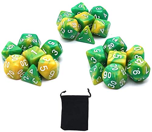 DollaTek Polyhedral Dice Set Tischspiele Würfel 3 Sätze Würfel 3 x 7 (21 Stück) Würfel Serie D20 D12 D10 D8 D6 D4 DND Würfel DND RPG MTG Doppelfarben Einteilig (Gelb und Grün) von DollaTek