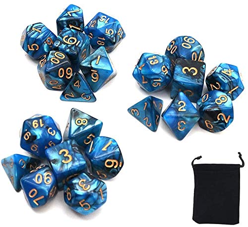 DollaTek Polyhedral Dice Set Tischspiele Würfel 3 Sets Würfel 3 x 7 (21 Stück) Würfel Serie D20 D12 D10 D8 D6 D4 DND Würfel DND RPG MTG Doppelfarben Einteilig (Schwarz und Blau) von DollaTek