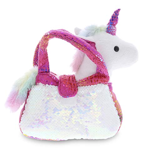 DolliBu Pink Unicorn Plush Reversible Sequin Pet Carrier Handbag, White Sparkle Soft Stuffed Animal Carrier Toy Purse for Little Girls, Cute Toddler Girl's Pretend Play 9 Inch von Dollibu