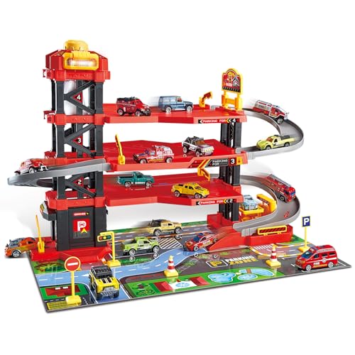 Dollox Parkgarage Spielzeug Spielset, Rennauto Rampe Track Toys Sets Garage Spielset mit 6 kleinen Legierung Rennwagen Abenteuerstrecke, 3 Parkebenen Weihnachten Geburtstag Geschenke für Alter 3 4 5 6 von Dollox