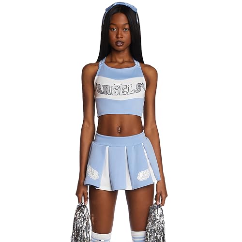 Dolls Kill Heaven's Cheerleader Kostüm-Set von Trickz N' Treatz – Sassy Spirit Outfit mit bauchfreiem Top, Rock und Pompons – Größe L von Dolls Kill