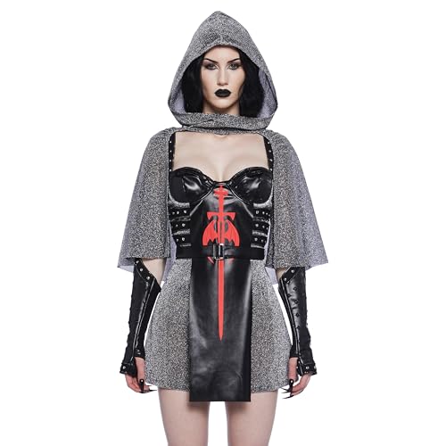 Dolls Kill Trickz N' Treatz Kampfkriminal-Kostüm-Set – auffälliges veganes Leder-Outfit mit Kleid, Shrug und Zubehör, Größe XS von Dolls Kill