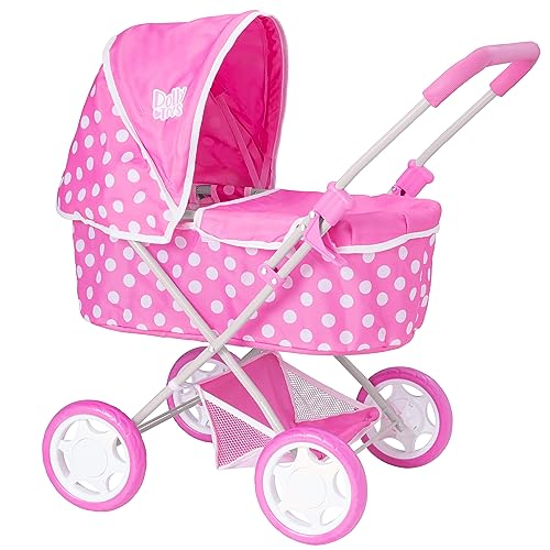 Dolly Tots Puppenwagen Pink mit Polka-Dots | Spielzeugwagen mit klappbarem Verdeck & Stauraum unter dem Sitz | Reise-System für Puppen | Puppenzubehör & Puppenwagen ab 3 Jahren. von Dolly Tots