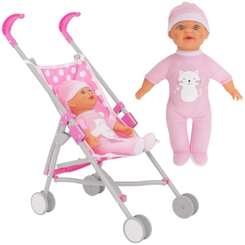 Dolly Tots Einzel-Puppenwagen Pink mit Polka-Dots & Puppe | Klappbarer Puppen-Buggy mit passender Puppe | Puppenwagen Spielzeug ab 2 Jahren. von Dolly Tots