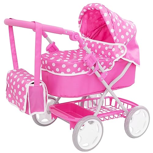 Dolly Tots Junior Puppenwagen Rosa mit Polka-Dots | Spielzeugwagen mit Tasche & klappbarem Verdeck | Stauraum unter dem Wagen | Puppenzubehör ab 3 Jahren von Dolly Tots