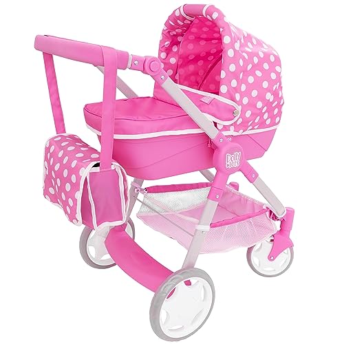 Dolly Tots Junior Roamer Puppenwagen Pink mit Polka-Dots | Puppenwagen ab 3 Jahren mit Abnehmbarer Trage, Tasche & Stauraum | Verstellbarer Griff | Puppenzubehör & Polka-Dot Muster. von Dolly Tots