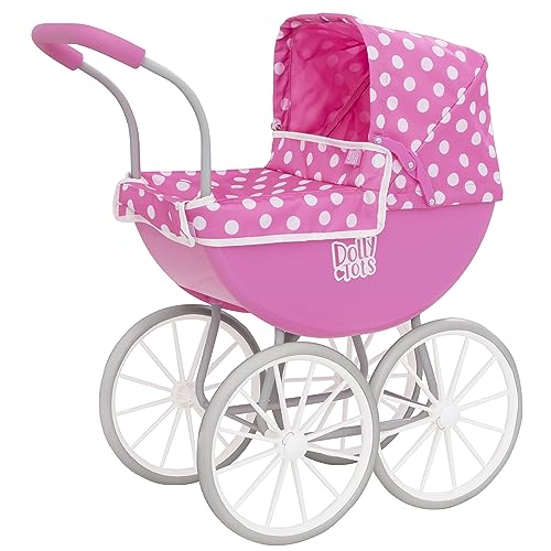 Dolly Tots Mein Erster Puppenwagen Pink Polka Dot | Traditioneller englischer Puppenwagen | Kinderwagen mit weißen Rädern & passender Bettwäsche | Rollenspielzeug für Kinder ab 3 Jahren von Dolly Tots