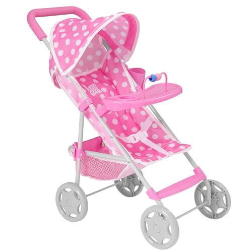 Dolly Tots Spielzeit Puppenwagen Pink Polka Dot | Kinderwagen mit abnehmbarem Spieltablett | Faltbarer Puppen-Buggy Spielzeug | Rollenspiel Puppen-Kinderwagen für Kinder ab 3 Jahren von Dolly Tots