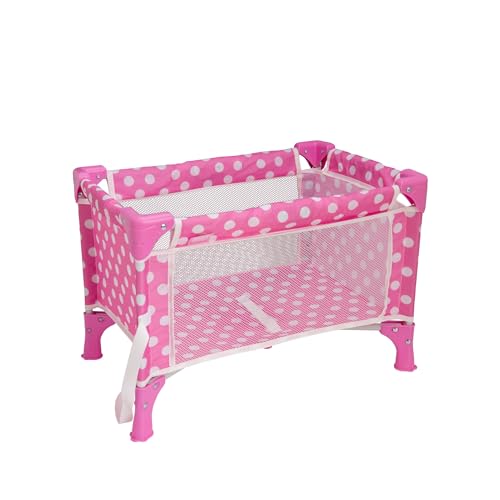 Dolly Tots Reisebett für Puppen Pink Polka Dot | Zusammenklappbares Puppenbett Spielzeug | Puppenbett Zubehör | Puppenwagen & Buggy-Spielzeug für Kinder | Perfekt für Kinder ab 3 Jahren von Dolly Tots