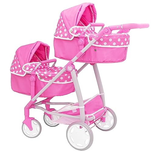 Dolly Tots Zwillings-Puppenwagen Pink mit Polka-Dots | Doppel-Buggy mit Verstellbarer Griffhöhe & verschiedenen Sitzoptionen | Puppenwagen ab 3 Jahren. von Dolly Tots