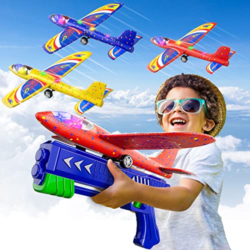 3 Pack Flugzeug Launcher Spielzeug Flugzeugbausätze, 12,6 Zoll LED Schaum Gleiter Katapult, 2 Flug Modi, fliegen, 3 4 5 6 7 8-12 Jahre alt Jungen Mädchen Geburtstag Geschenke(Blau) von Doloowee