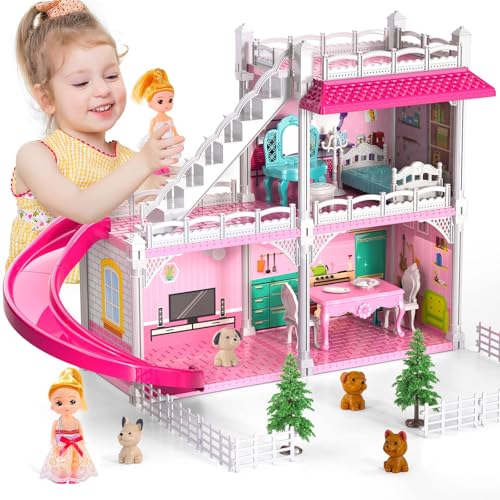 Doloowee Puppen Spielhaus, Mädchen Traum Spielzeug Haus Möbel Rosa Mädchen Spielzeug, 2 Geschichten 3 Zimmer Puppen Spielhaus mit 2 Prinzessinnen Rutsche Zubehör, Kleinkind Spielhaus Geschenk von Doloowee