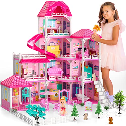 Doloowee Puppenhaus, Mädchen Traum Spielzeug Haus Möbel Rosa Mädchen Spielzeug, 4 Geschichten 10 Zimmer Puppenhaus mit 2 Prinzessinnen Rutsche Zubehör, Kleinkind Spielhaus Geschenk für 4 5 6 7+ Jahr von Doloowee