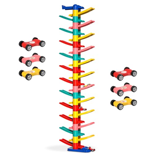 Doloowee Ultrahoch Kugelbahn Autos Car Rampe Spielzeug mit 6 Mini Autos,Auto-Rennbahn für Jungen und Mädchen,Geschenk 3 4 5 6 Jahr Junge von Doloowee