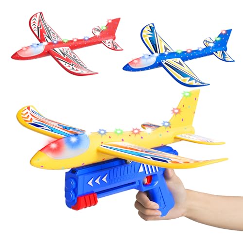 Doloowee Flugzeug Launcher Spielzeug, 3 styroporflieger mit Katapult, 2 Flug Modi & LED Beleuchtung,Outdoor Spielzeug & Geburtstag Geschenke für Jungen Mädchen 3 4 5 6 7 8 9 10 Jahre alt von Doloowee