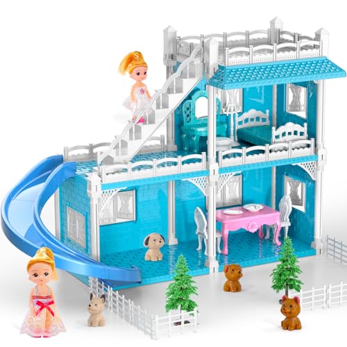 Doloowee Puppenhaus, 2 Etagen Dolls Playhouse, Mädchen DIY Haus mit Zubehör und Puppen,Geschenk für Kinder ab 3 Jahren von Doloowee