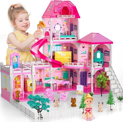 Doloowee Puppenhaus, 3 Etagen Dollhouse, Mädchen DIY Haus mit Zubehör und Puppen,Geschenk für Kinder ab 3 Jahren von Doloowee