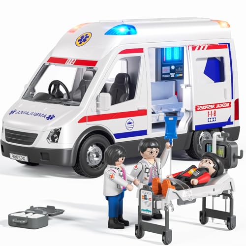 Doloowee Krankenwagen Spielzeug für Kinder im Alter von 3 4 5 6 7 8 Jahren, LKW mit Reibungsantrieb, mit Licht und Ton, Einsatzfahrzeug Spielzeug für Jungen und Mädchen, Geschenke von Doloowee