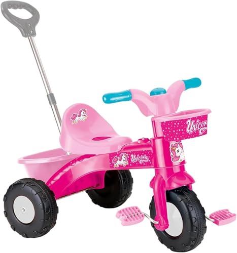 DOLU Einhorn-Kinder-Dreirad Meine erste Fahrt in Rosa – Pedalbetriebenes Dreirad mit Körben für Spielzeug – inklusive Elterngriff, ideal für Kinder ab 24 Monaten von Dolu