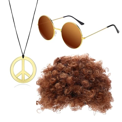 Domasvmd 80er Jahre Hippie Kostüm für Damen Kostüm Hippie Zubehör Set Hippie Sonnenbrille Peace Zeichen Halskette 80er Jahre Zubehör von Domasvmd