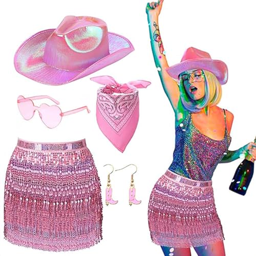 Domasvmd Kostüm Outfit 80er Jahre Zubehör Western Cowgirl Stiefel Ohrring Hut Sonnenbrille für Halloween Party Rockstars Cooles Outfit von Domasvmd